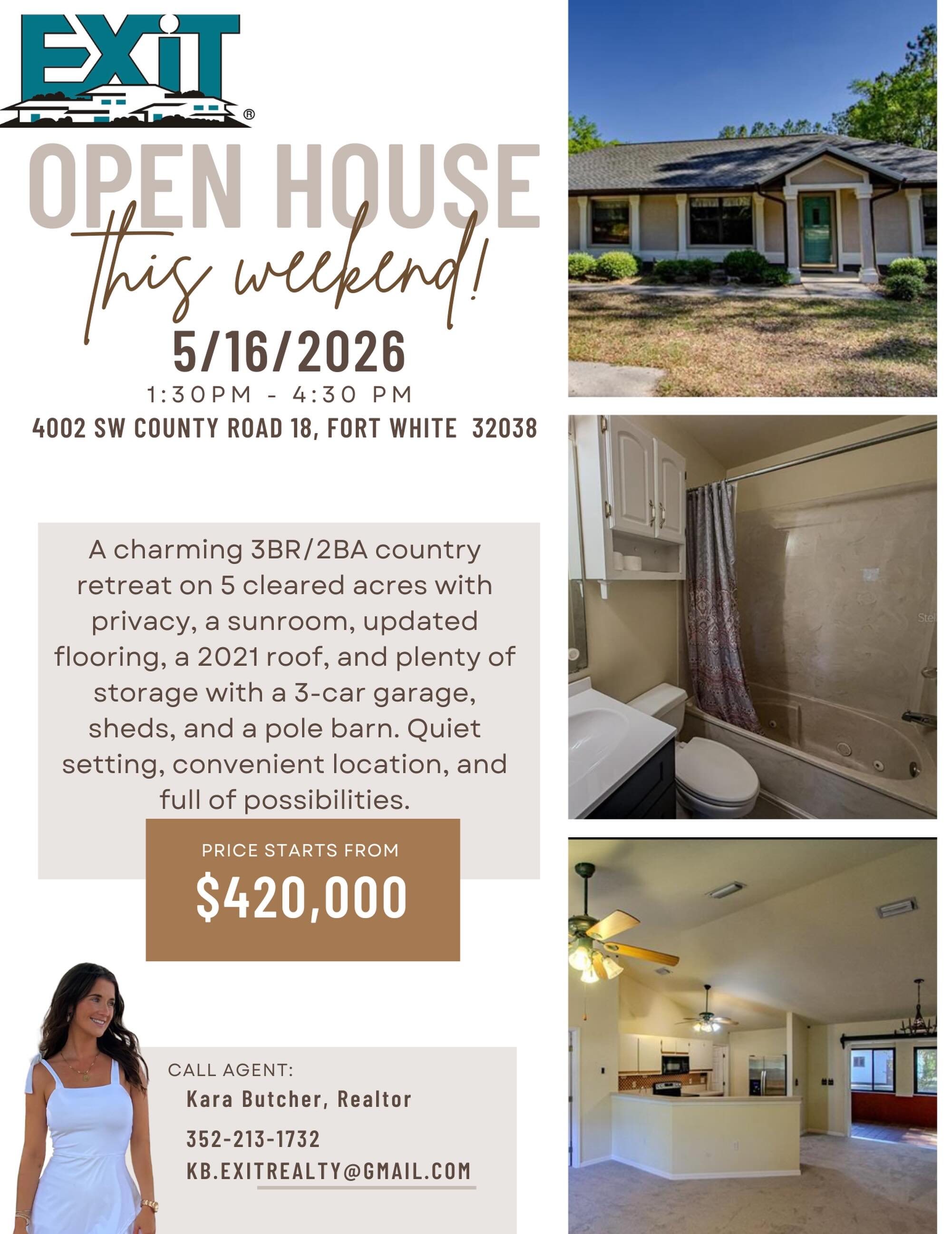 Open house this weekend in Fort White
Come see this charming 3BR/2BA country retreat on 5 cleared ac…